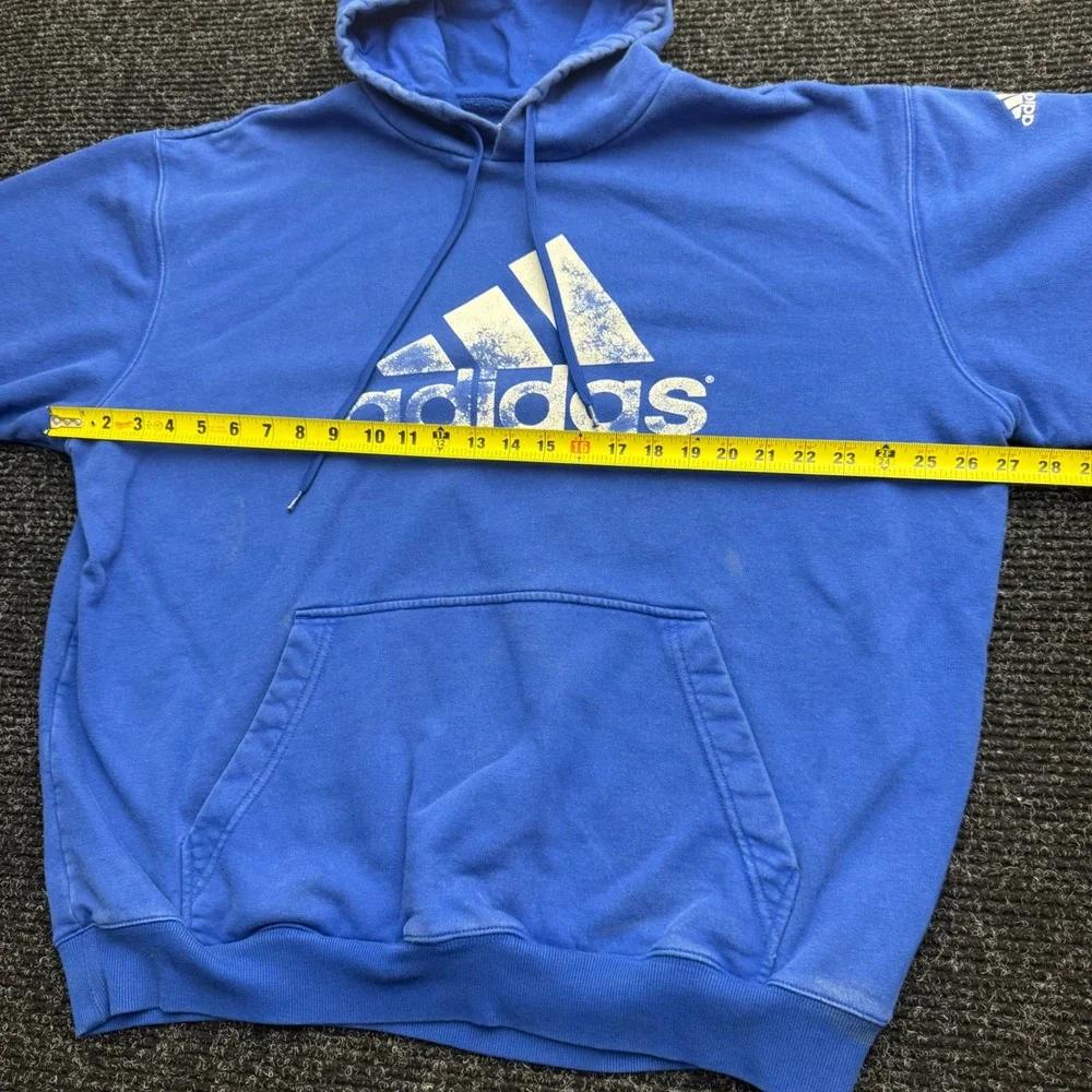 Adidas Hoodie Mens 2XL Blue Pullover Distressed Logo Fleece Sweatshirt RN119208